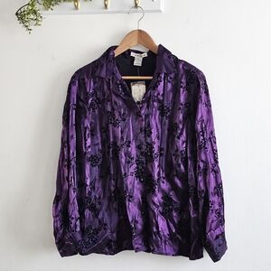 Notations Purple Eggplant Satin Floral Burnout Blouse XL NWT Vintage Style Shirt